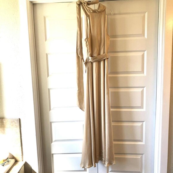 SACHIN & BABI Kayla Gown Tie Neck Crinkle Maxi Dress Champagne 8 MSRP $300 - Picture 7 of 12